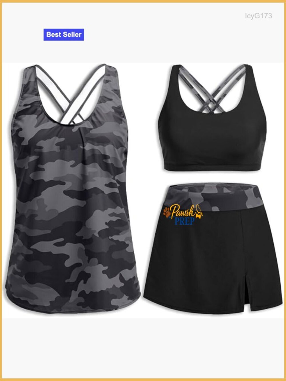 3 Piece Tankini Set with Skirt Tummy Control Swim Sports Bra Criss Cross Back